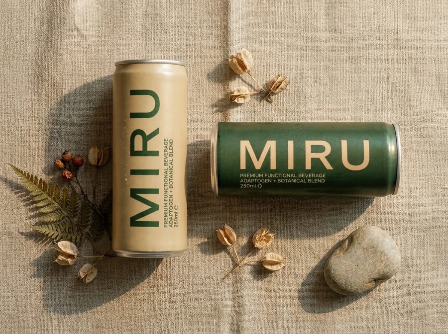 린넨 위 MIRU 캔과 건조 식물