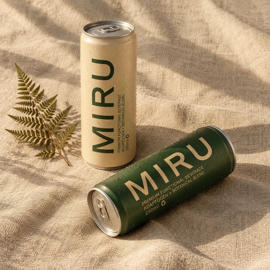 세운 베이지 캔과 눕힌 초록 MIRU 캔